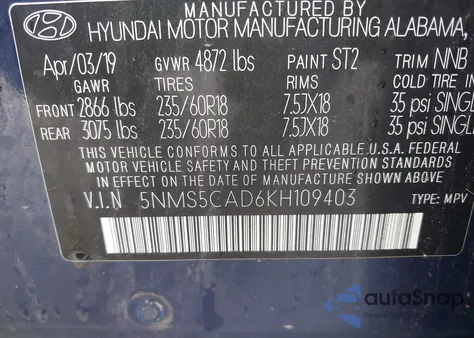 2019 Hyundai Santa Fe Limited z USA, uszkodzony, nr VIN 5NMS5CAD6KH109403